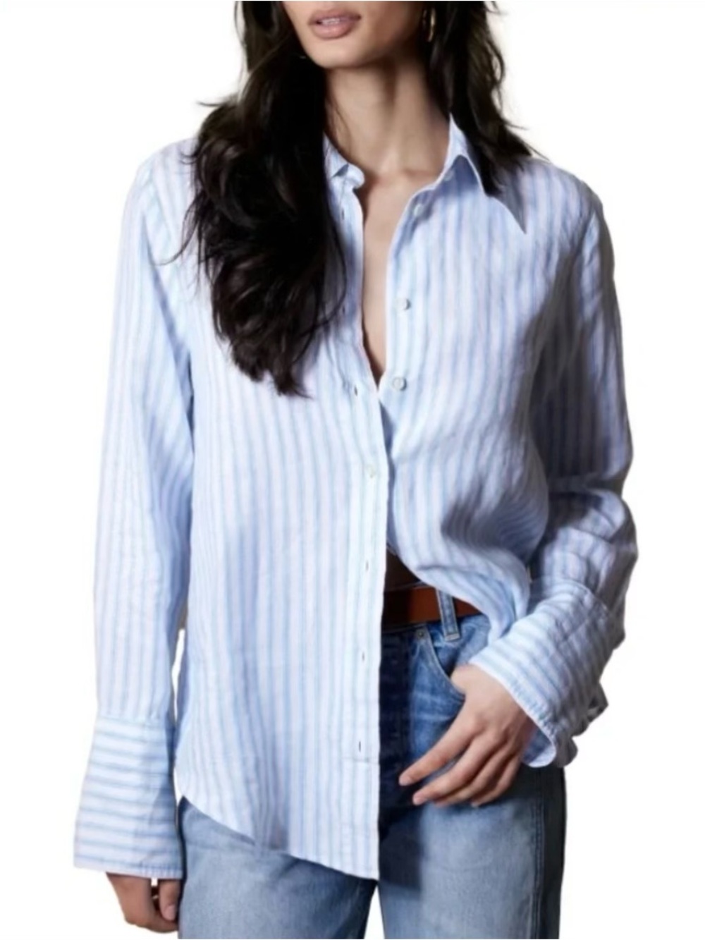 Banana Republic Women’s Blue & White Vertical Stripe Button-Up Shirt 100% Linen